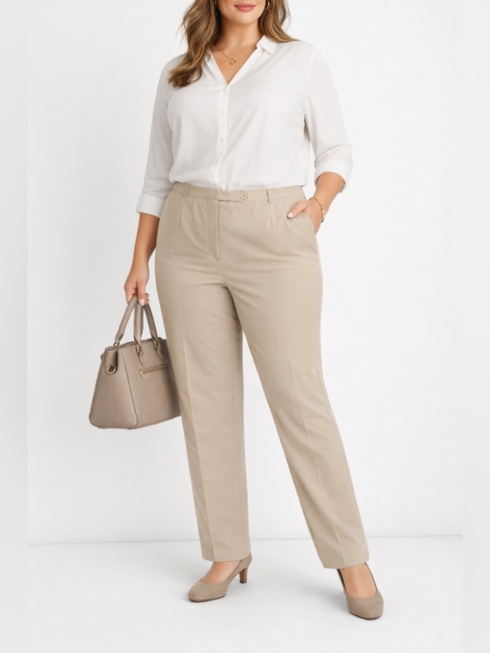 Plus Size 20W Khaki Pants Women Career Workwear Straight Leg Beige Zip Fly NWT